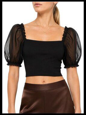 Aritzia Wilfred Black Square Neck Puff Sleeve Crop Top S